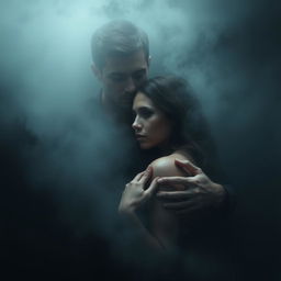 A hyper-realistic, cinematic image of a man and a woman standing closely together in a shrouded, foggy environment