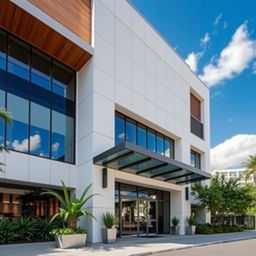 An elegant modern building façade, showcasing sleek lines and large glass windows