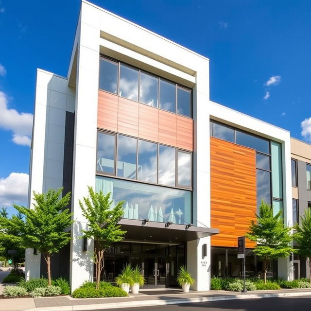 An elegant modern building façade, showcasing sleek lines and large glass windows