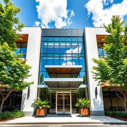 An elegant modern building façade, showcasing sleek lines and large glass windows