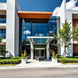 An elegant modern building façade, showcasing sleek lines and large glass windows