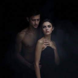 A hyper-realistic, cinematic image of a shirtless man and a woman in a stylish black dress standing closely together in a shrouded, foggy environment