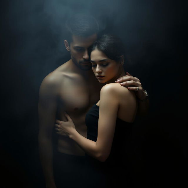 A hyper-realistic, cinematic image of a shirtless man and a woman in a stylish black dress standing closely together in a shrouded, foggy environment