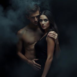 A hyper-realistic, cinematic image of a shirtless man and a woman in a stylish black dress standing closely together in a shrouded, foggy environment