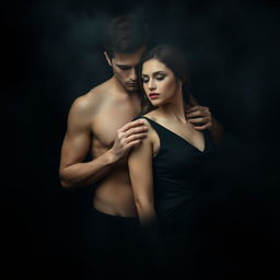 A hyper-realistic, cinematic image of a shirtless man and a woman in a stylish black dress standing closely together in a shrouded, foggy environment