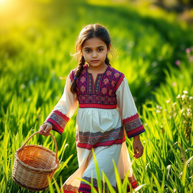 A young girl with striking black eyebrows, dressed in traditional Gilani clothing, gracefully walking through a lush green field