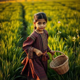 A young girl with striking black eyebrows, dressed in traditional Gilani clothing, gracefully walking through a lush green field