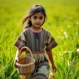 A young girl with striking black eyebrows, dressed in traditional Gilani clothing, gracefully walking through a lush green field