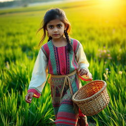 A young girl with striking black eyebrows, dressed in traditional Gilani clothing, gracefully walking through a lush green field