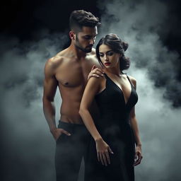 A hyper-realistic, cinematic image of a shirtless man showcasing his powerful body with defined abdomens, standing closely with a woman elegantly dressed in a black dress, in a shrouded, foggy environment