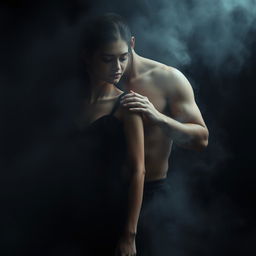 A hyper-realistic, cinematic image of a shirtless man showcasing his powerful body with defined abdomens, standing closely with a woman elegantly dressed in a black dress, in a shrouded, foggy environment