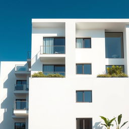 A modern white apartment facade, featuring sleek lines and large glass windows, with a minimalist design