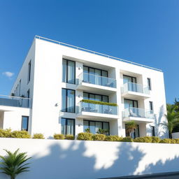 A modern white apartment facade, featuring sleek lines and large glass windows, with a minimalist design