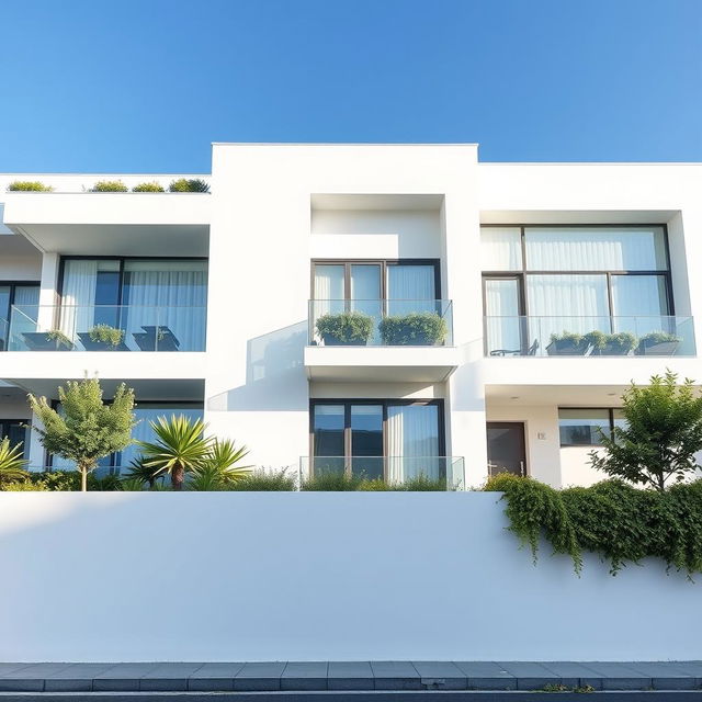 A modern white apartment facade, featuring sleek lines and large glass windows, with a minimalist design