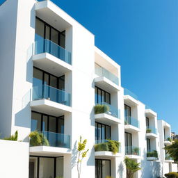 A modern white apartment facade, featuring sleek lines and large glass windows, with a minimalist design