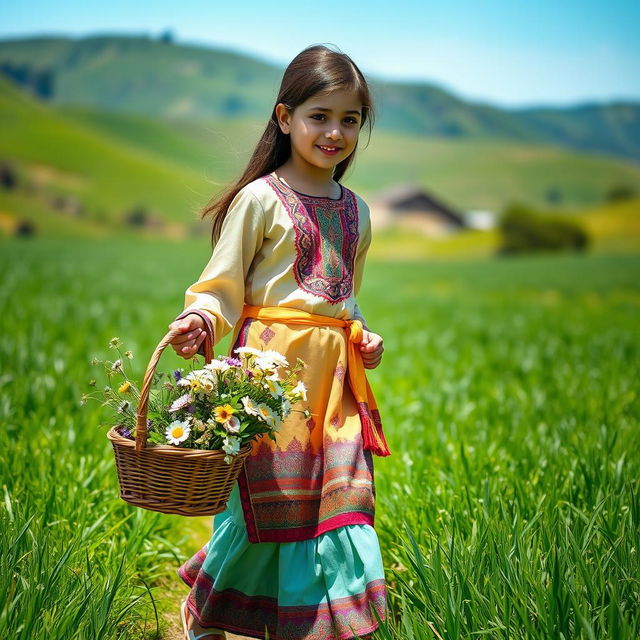 A young girl wearing traditional rashti clothing, featuring intricate patterns and vibrant colors, gracefully walking through a lush green field