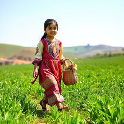 A young girl wearing traditional rashti clothing, featuring intricate patterns and vibrant colors, gracefully walking through a lush green field