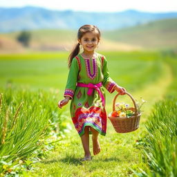 A young girl wearing traditional rashti clothing, featuring intricate patterns and vibrant colors, gracefully walking through a lush green field