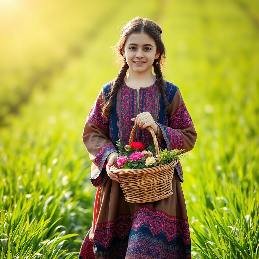 A beautiful young girl dressed in traditional Irani clothing, which features intricate patterns and vibrant colors, gracefully walking through a lush green field