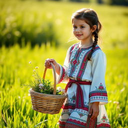 A beautiful young girl dressed in traditional Irani clothing, which features intricate patterns and vibrant colors, gracefully walking through a lush green field