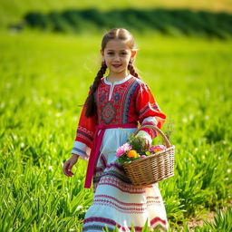 A beautiful young girl dressed in traditional Irani clothing, which features intricate patterns and vibrant colors, gracefully walking through a lush green field