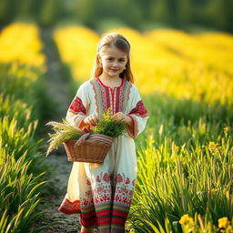 A beautiful young girl dressed in traditional Irani clothing, which features intricate patterns and vibrant colors, gracefully walking through a lush green field