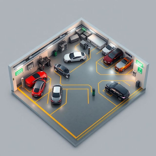 A detailed 3D floor plan of a large-scale underground garage specifically designed for new energy vehicles