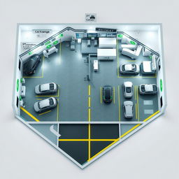 A detailed 3D floor plan of a large-scale underground garage specifically designed for new energy vehicles