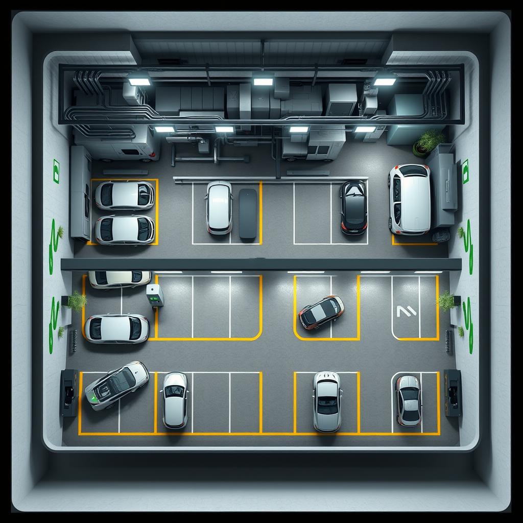 A detailed 3D floor plan of a large-scale underground garage specifically designed for new energy vehicles