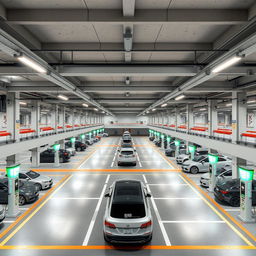 A large scale underground garage designed specifically for new energy vehicles, featuring an expansive layout with multiple charging stations for electric cars