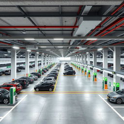 A large scale underground garage designed specifically for new energy vehicles, featuring an expansive layout with multiple charging stations for electric cars