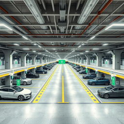 A large scale underground garage designed specifically for new energy vehicles, featuring an expansive layout with multiple charging stations for electric cars