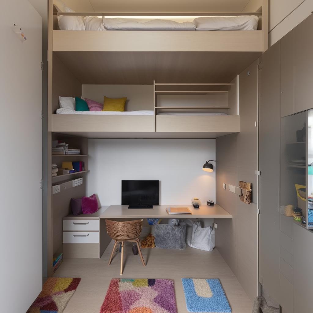 A multifunctional 3x4 room with a bunk bed. Underneath the bed, there is a study/work area. The room also features a television, a comfortable sofa, additional wardrobes, and a bookshelf filled with books