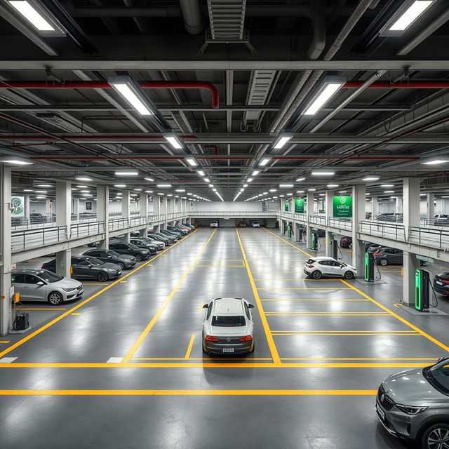 A large scale underground garage designed specifically for new energy vehicles, featuring an expansive layout with multiple charging stations for electric cars