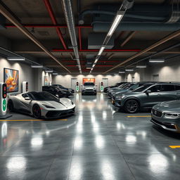 A detailed 3D rendering of an underground garage featuring polished concrete floors, high-tech lighting, and sleek, modern design elements