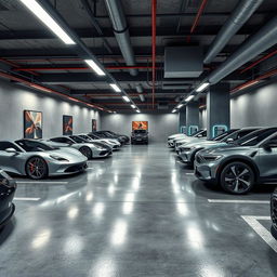 A detailed 3D rendering of an underground garage featuring polished concrete floors, high-tech lighting, and sleek, modern design elements