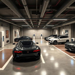 A detailed 3D rendering of an underground garage featuring polished concrete floors, high-tech lighting, and sleek, modern design elements