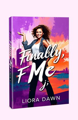 Book cover design for 'Finally, Me' by Liora Dawn, featuring a confident young woman in a striking pose, set against a vibrant urban landscape with abstract elements or a serene natural backdrop