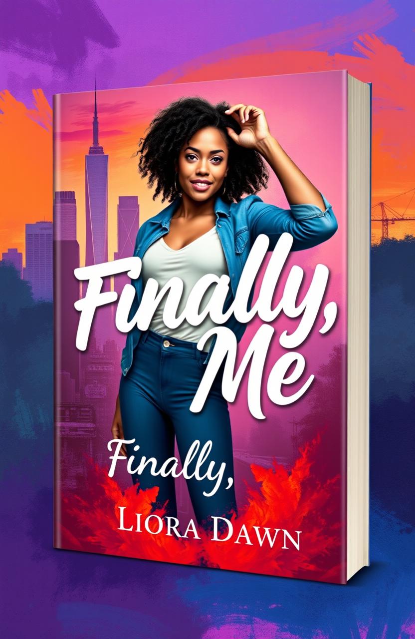 Book cover design for 'Finally, Me' by Liora Dawn, featuring a confident young woman in a striking pose, set against a vibrant urban landscape with abstract elements or a serene natural backdrop