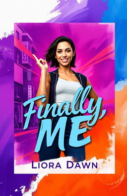 Book cover design for 'Finally, Me' by Liora Dawn, featuring a confident young woman in a striking pose, set against a vibrant urban landscape with abstract elements or a serene natural backdrop