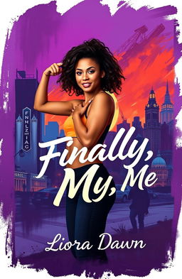 Book cover design for 'Finally, Me' by Liora Dawn, featuring a confident young woman in a striking pose, set against a vibrant urban landscape with abstract elements or a serene natural backdrop