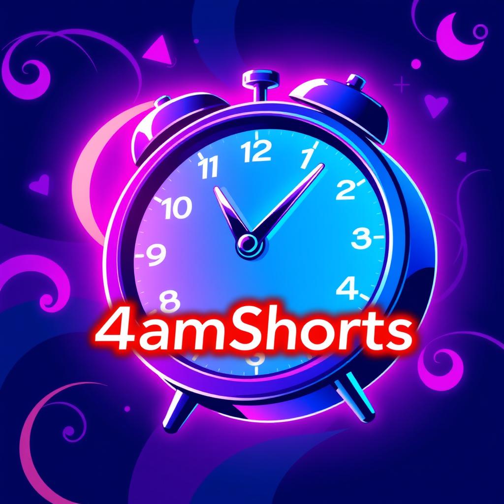 A vibrant, neon-lit illustration of a clock striking 4 am, surrounded by subtle swirling patterns and shapes that convey creativity and imagination