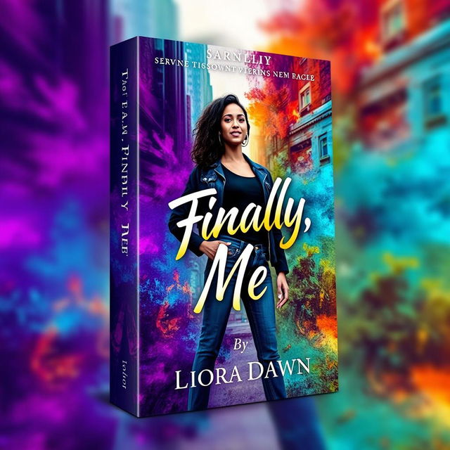 Book cover design for 'Finally, Me' by Liora Dawn, showcasing a confident young woman standing tall in an urban environment or a lush natural setting, embodying themes of self-discovery and empowerment