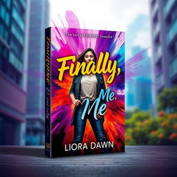 Book cover design for 'Finally, Me' by Liora Dawn, showcasing a confident young woman standing tall in an urban environment or a lush natural setting, embodying themes of self-discovery and empowerment