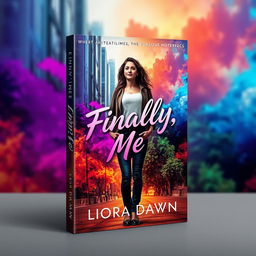 Book cover design for 'Finally, Me' by Liora Dawn, showcasing a confident young woman standing tall in an urban environment or a lush natural setting, embodying themes of self-discovery and empowerment