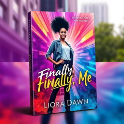 Book cover design for 'Finally, Me' by Liora Dawn, showcasing a confident young woman standing tall in an urban environment or a lush natural setting, embodying themes of self-discovery and empowerment