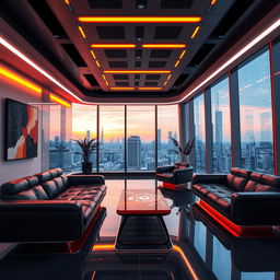 A futuristic scene showcasing a sleek, ultra-modern interior design featuring the color scheme of orange and black