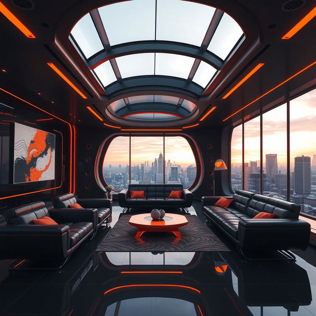 A futuristic scene showcasing a sleek, ultra-modern interior design featuring the color scheme of orange and black