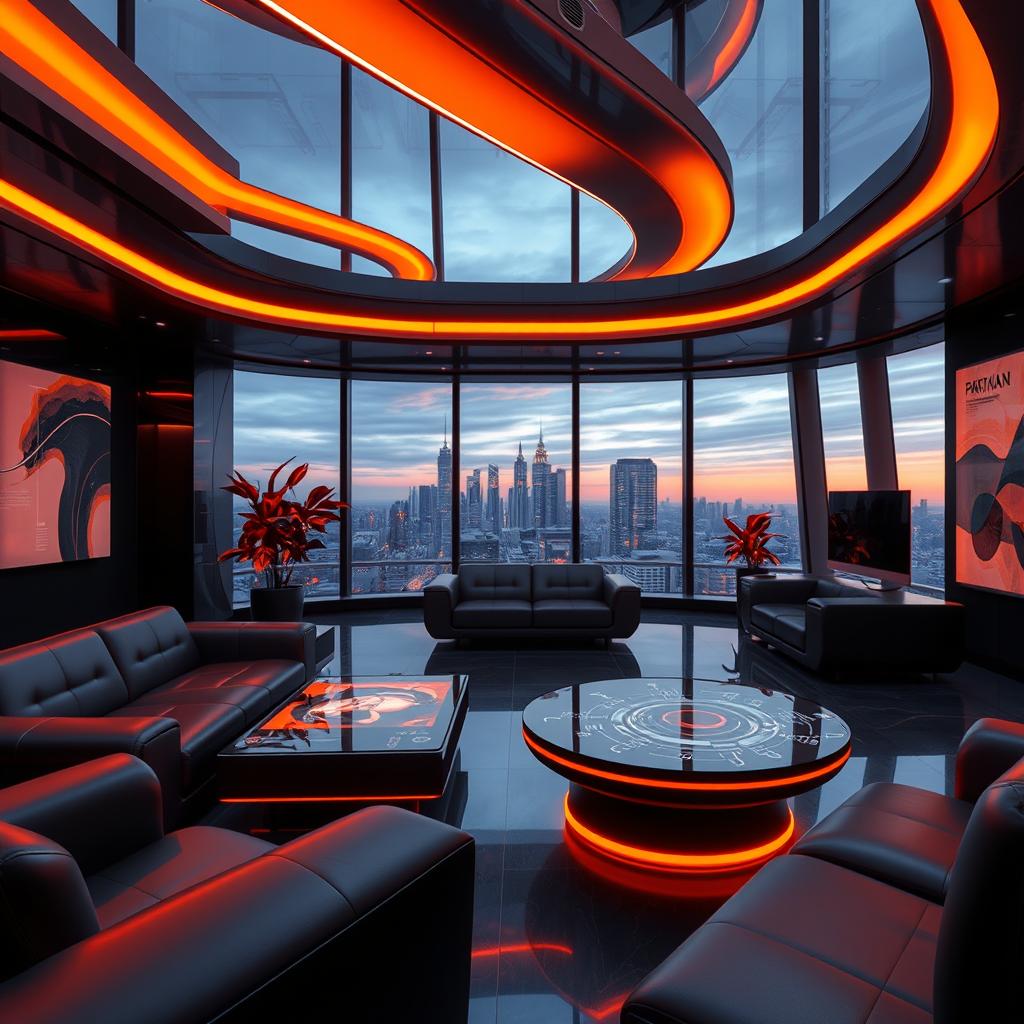 A futuristic scene showcasing a sleek, ultra-modern interior design featuring the color scheme of orange and black