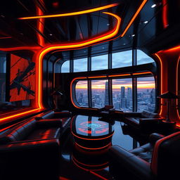 A futuristic scene showcasing a sleek, ultra-modern interior design featuring the color scheme of orange and black